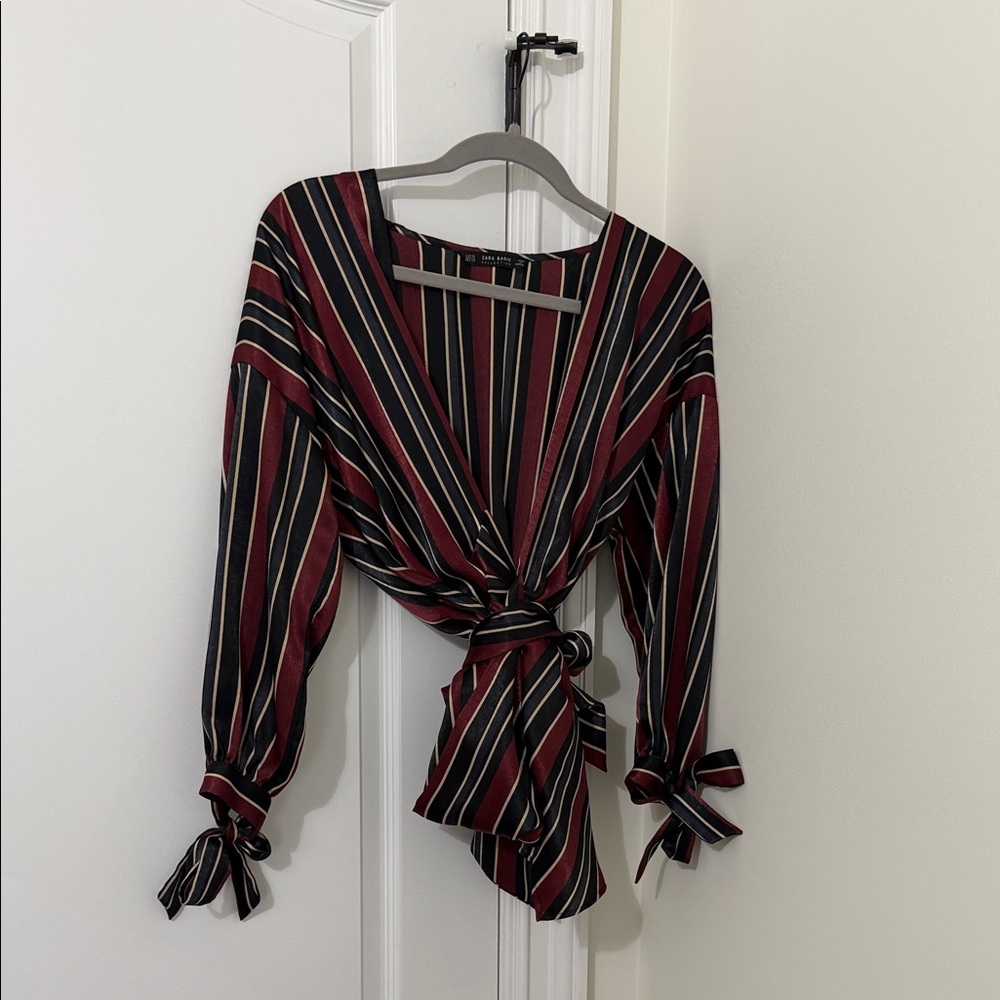 Zara Black and Maroon Striped Blouse with Wrap Tie Accents